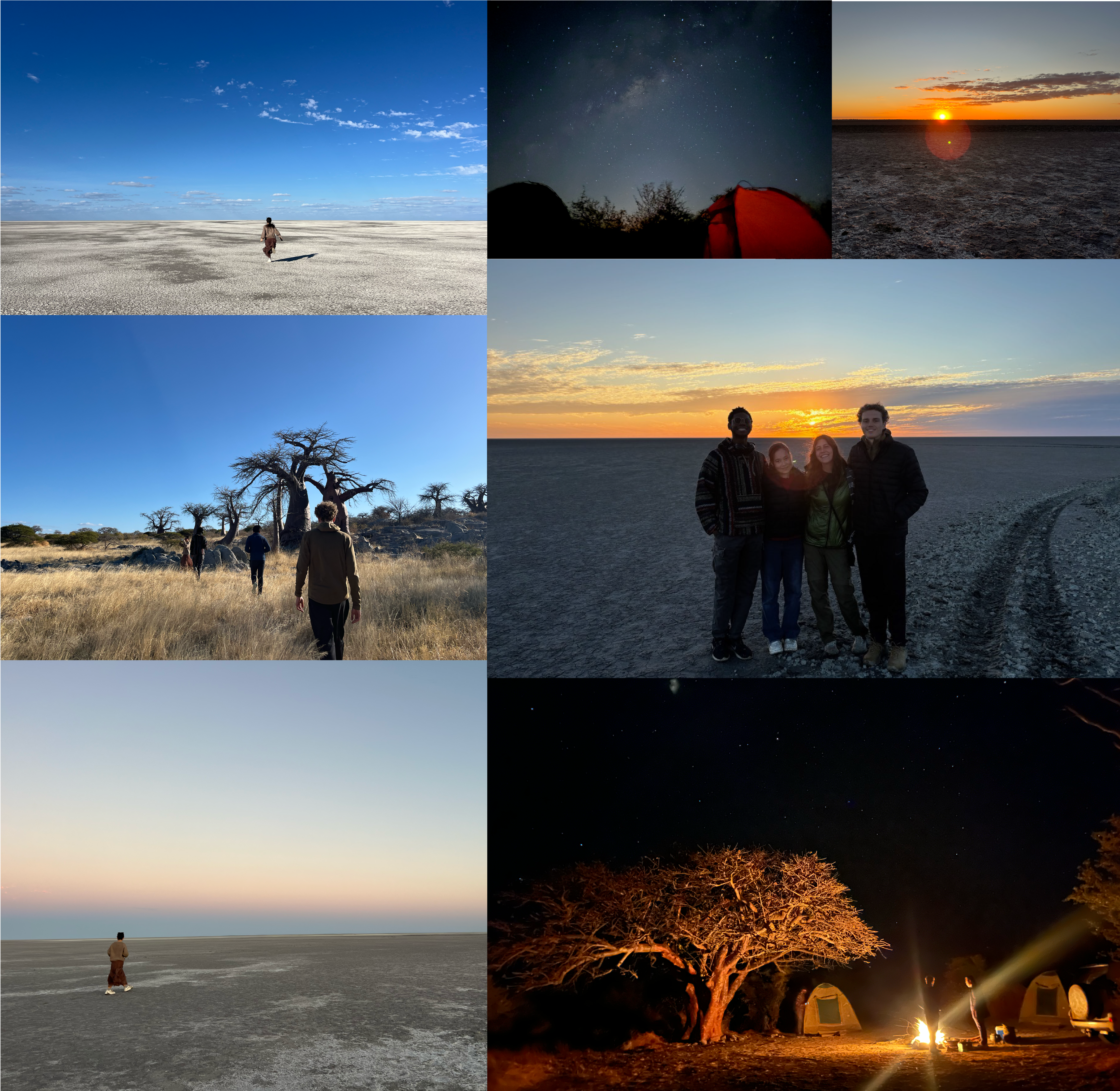 Collage of sunsets, a picture of four students, and landscapes.