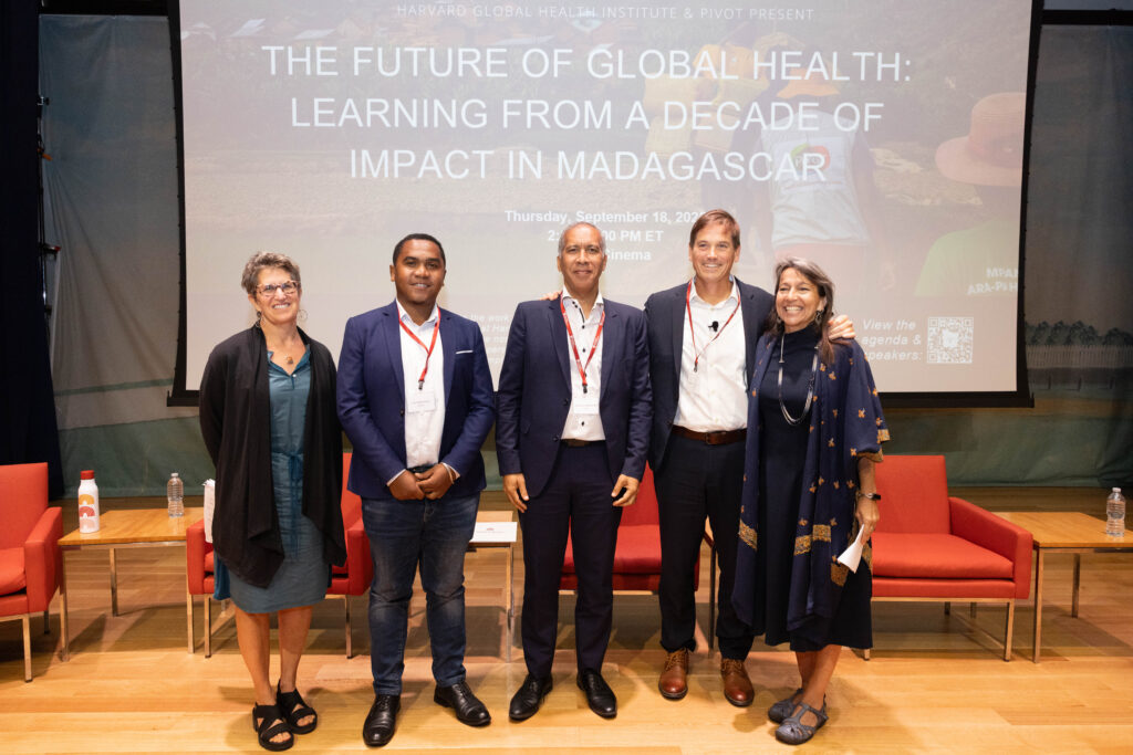 Panelists at the HGHI event on September 18, 2025: (left to right) Carole Mitnick, Luc Rakotonirina, Luc Hervé Samison, Matt Bonds, and Joia Mukherjee