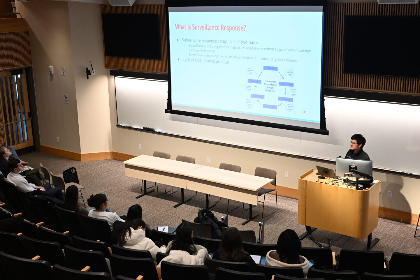 Wintersession presentation by student in the auditorium.