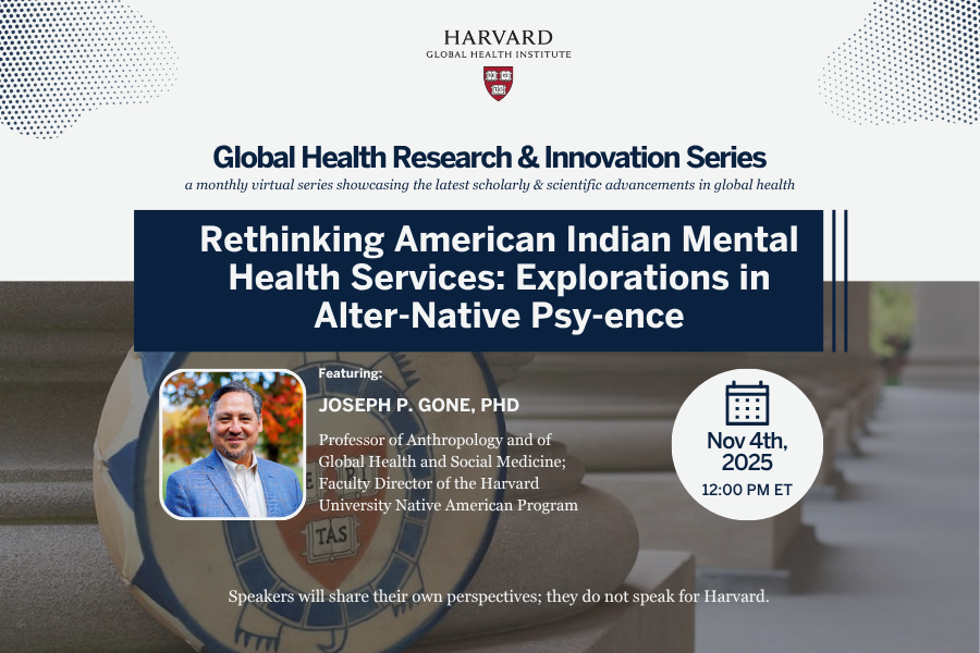 Joseph Gone R&I Speaker Series Promo Image (900x600) with background of a traditional art piece with the veritas Harvard Shield on it.